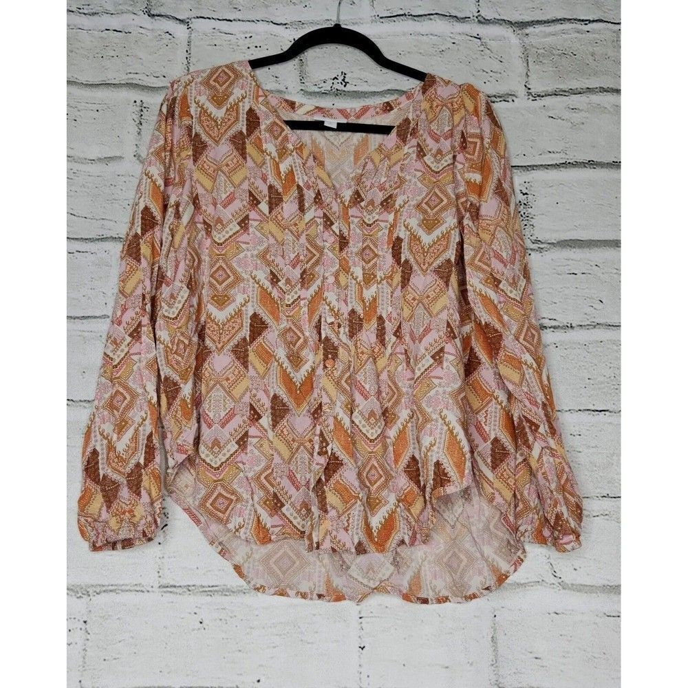 J Jill Women's Button Front Shirt Blouse Pink Abstract Sz M Petite Long Sleeve